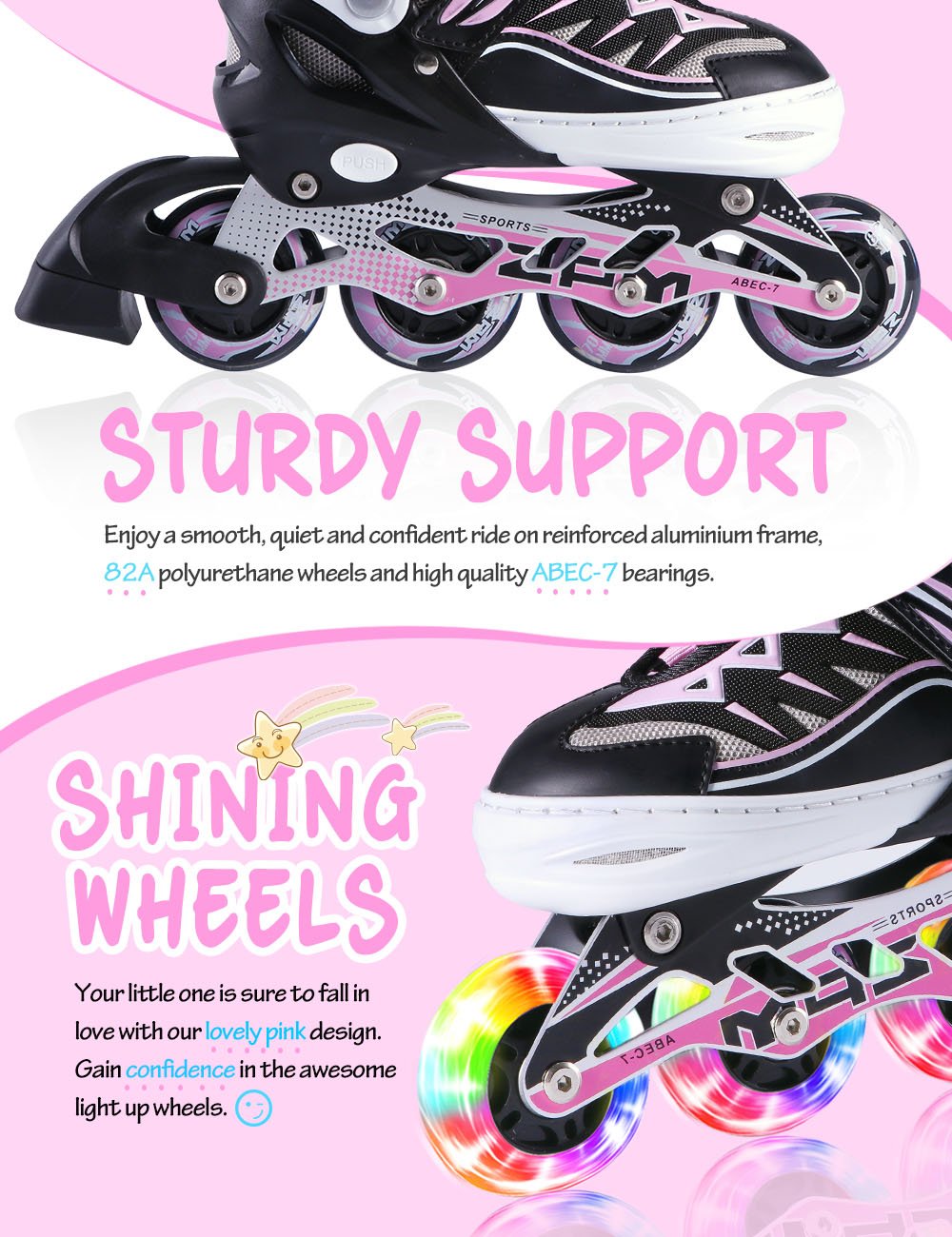 2pm Sports Adjustable Light up Inline Skates, Stylish Design Beginner Roller Skates for Boys and Girls - Pink Small