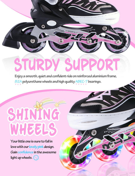 2pm Sports Adjustable Light up Inline Skates, Stylish Design Beginner Roller Skates for Boys and Girls - Pink Small