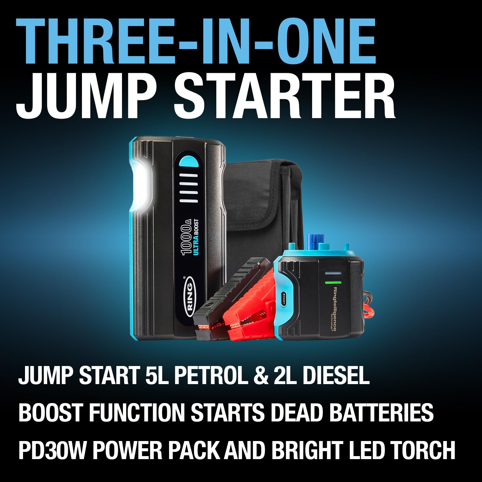 RING ULTRABOOST 1500A Car Battery Jump Starter Power Pack - Safely Starts Up to 6 Litre Petrol and 3 Litre Diesel Engines - Battery Booster with Jump Leads, Portable USB Powerbank and LED Torch