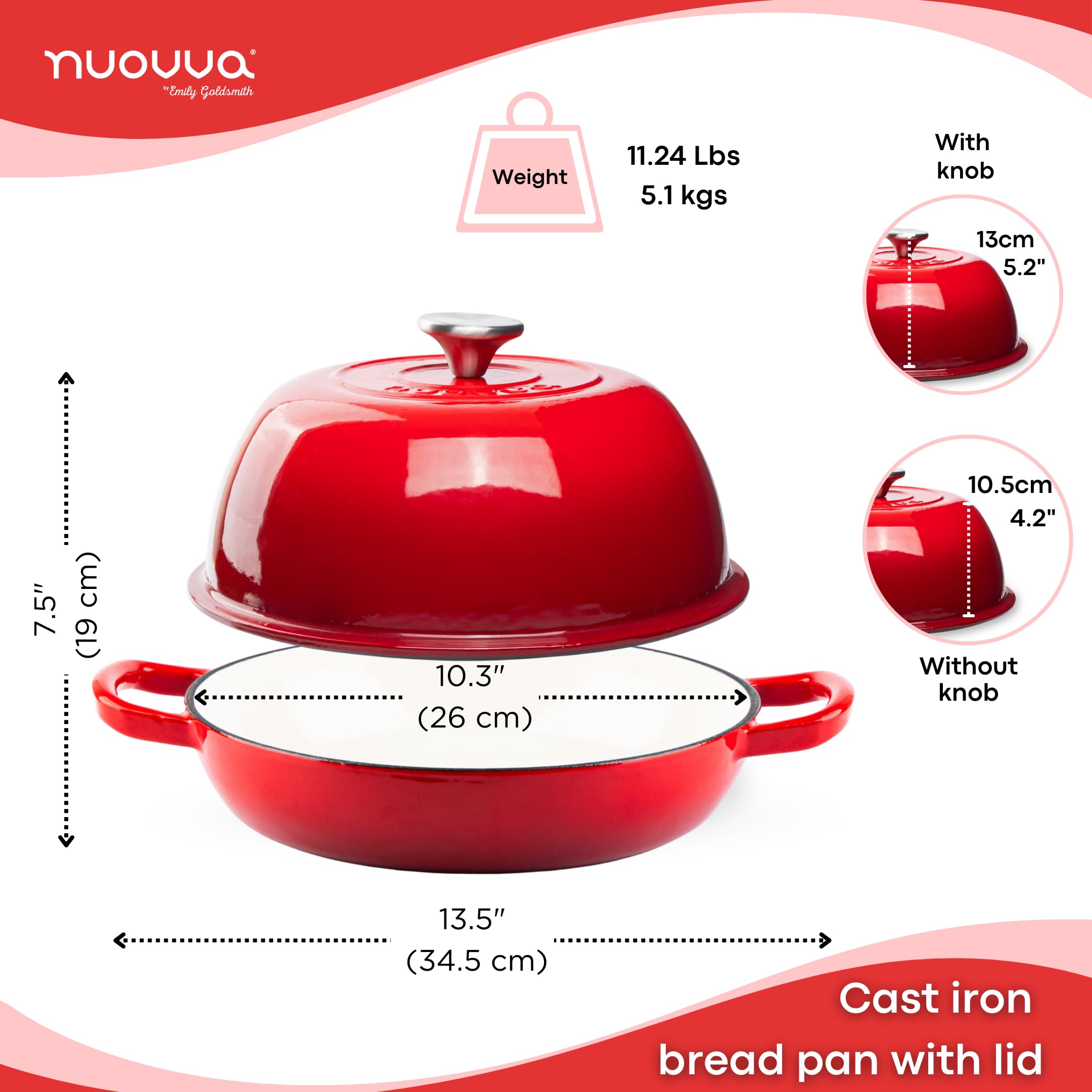 Enamelled Cast Iron Dutch Oven Pot  Dutch Oven For Sourdough Bread Baking  Cast Iron Bread Pot  Red, 6 Quarts, 22cm  by Nuovva