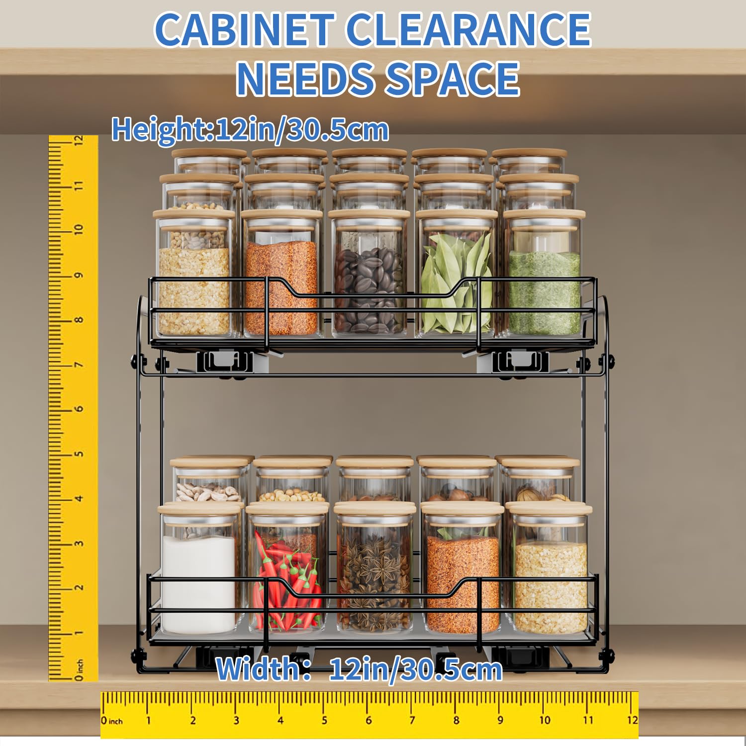 AIRUJIA Pull Out Cabinet Organizer - Height Adjustable 2-Tier Spice Rack, Heavy Duty Metal, Kitchen Storage Shelf for Inside Cupboard,