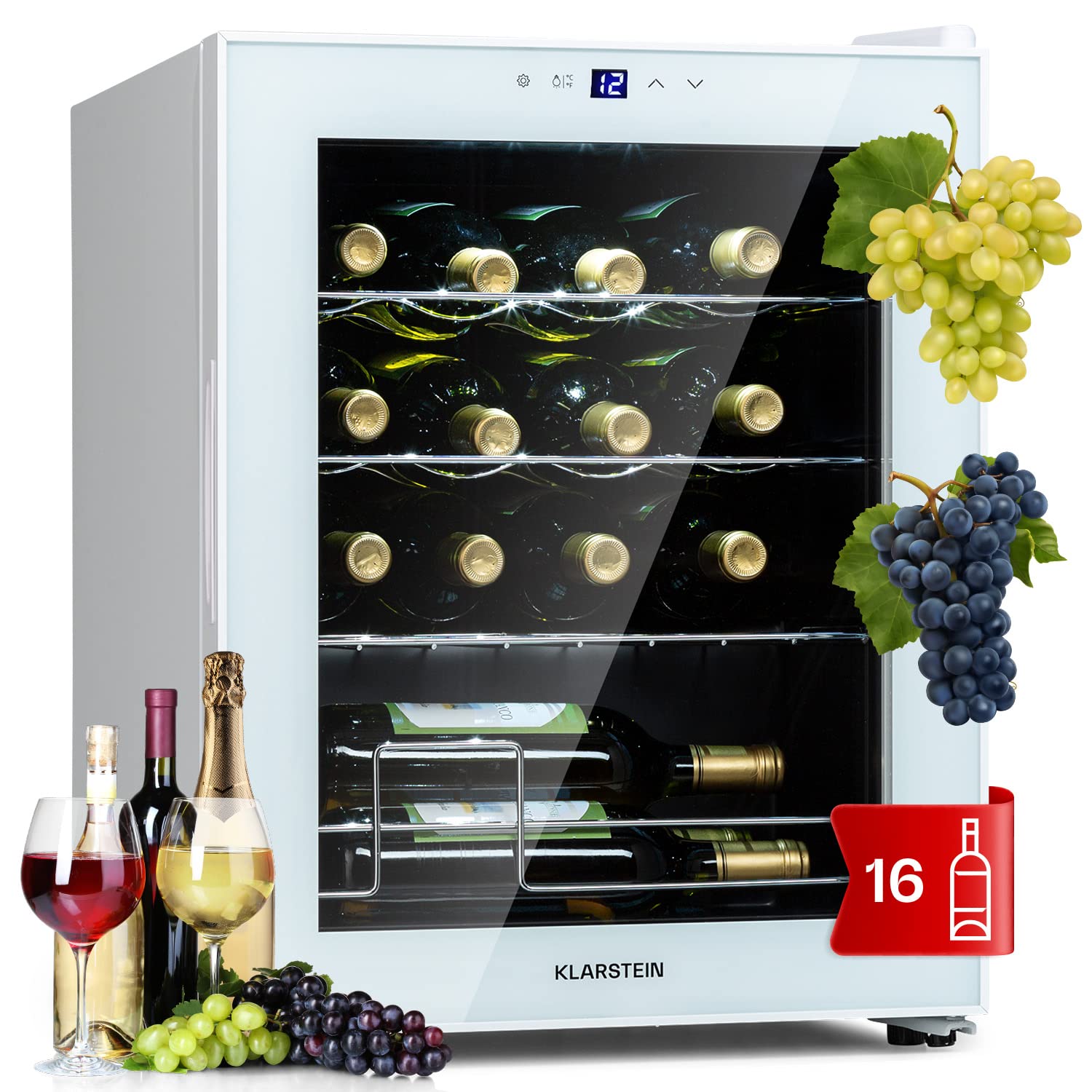 Klarstein Wine Refrigerator, 1 Zone Beverage Refrigerator with Glass Door, Quiet Indoor/Outdoor Refrigerator, 41 L Bottle Refrigerator Small, Wine Cabinet for Drinks, Wine Cooler for 14 Bottles