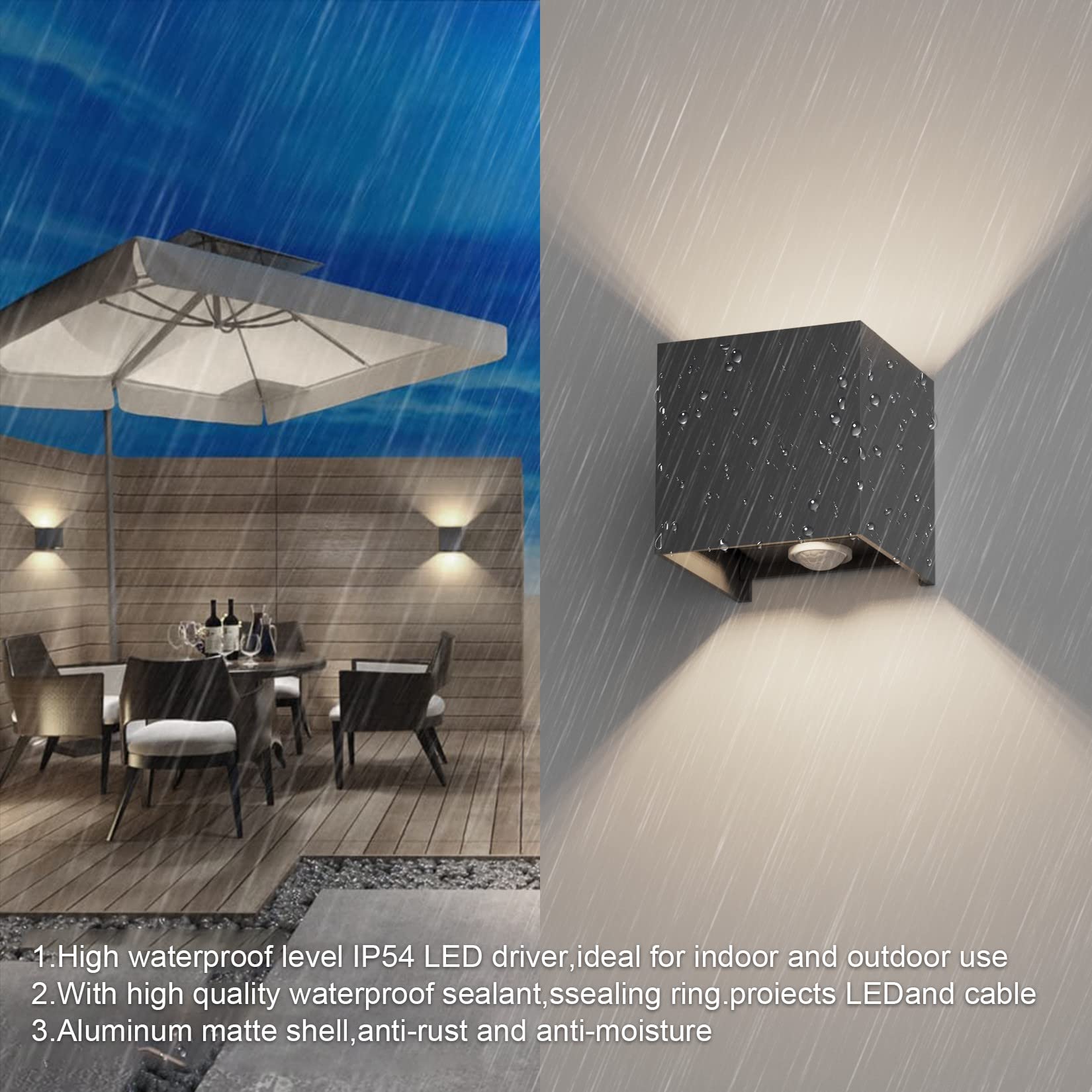 Klighten 2PCS Outdoor Wall Light with Motion Sensor, Waterproof IP54 Outside Wall Lamps with Sensor, Adjustable Beam Angle, Natural White 4000K, Dark