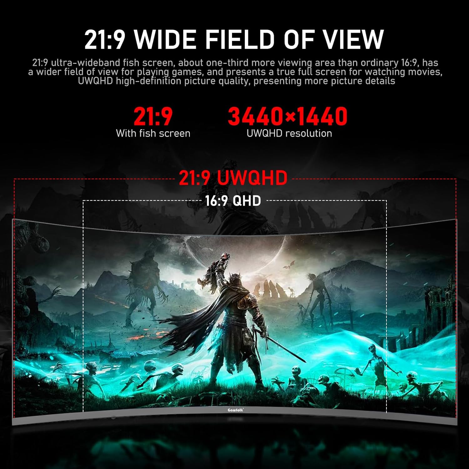 Gawfolk 34 Inch Ultrawide Curved 144Hz Gaming Computer Monitor 1500R PC Screen 21:9 UWQHD (3440x1440),Adaptive Sync,178° Viewing Angle,Display Port、HDMI 2.0, VESA75x75MM-Black