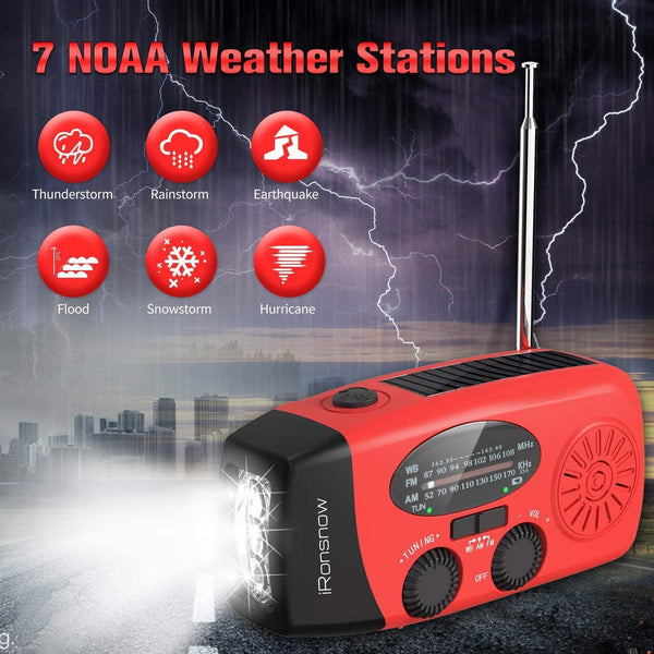 iRonsnow Solar Emergency Hand Crank Weather Radio, Portable Self Powered NOAA AM/FM Radios with SOS Alarm LED Flashlight 2000mAh Smart Phone USB Charger for Camping (Red)