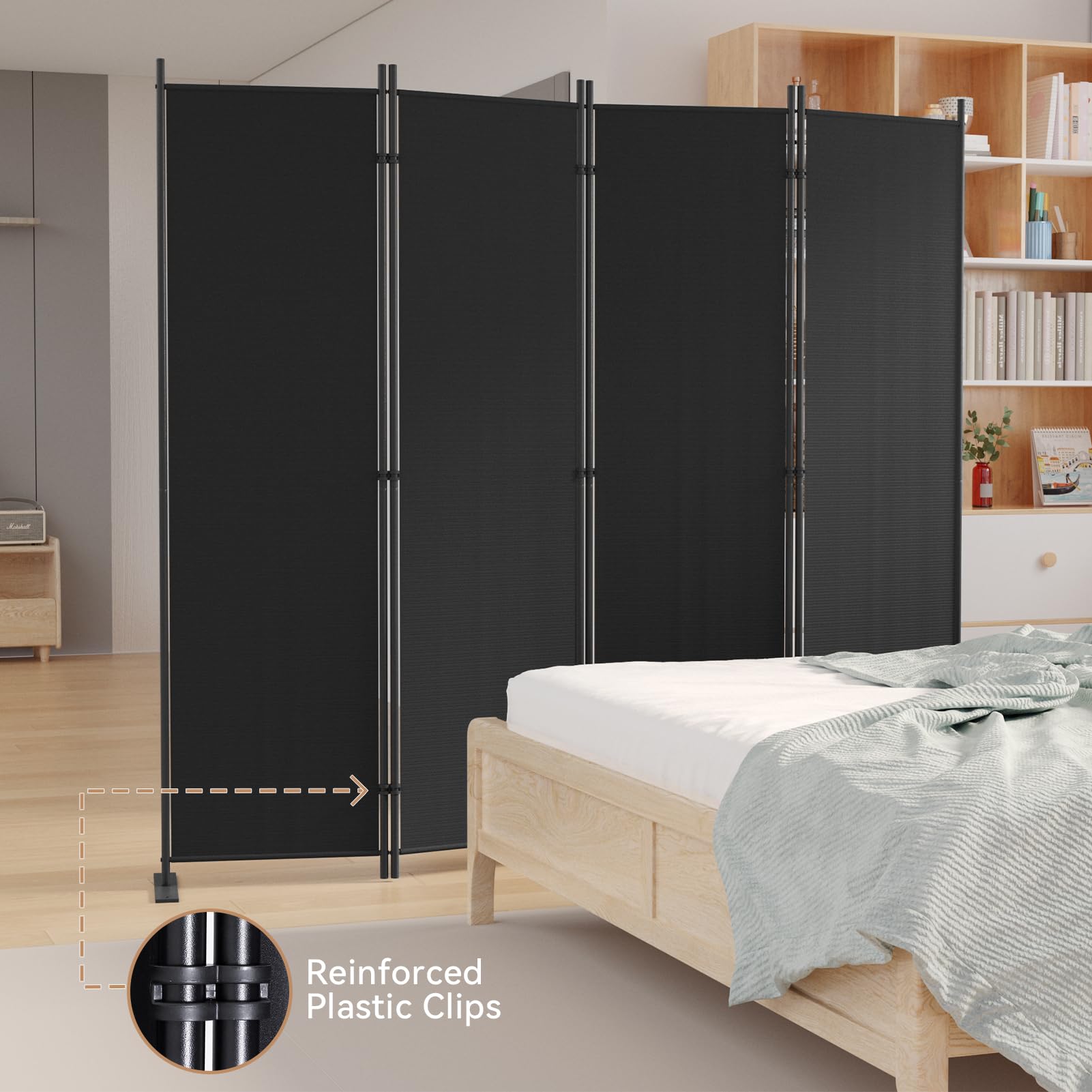 C-Hopetree 6 Panels Room Divider, 180cm Tall Indoor Folding Privacy Screen, Portable Partition Separator, Freestanding Separation Temporary Wall for Office, Bedroom, 304cm W X 180cm H, Black