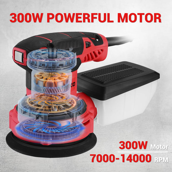 DEKOPRO Random Orbit Sander 300W with 16Pcs Sandpapers, 6 Variable Speed 14000RPM, 125MM Hand Electric Tool, High Performance Dust Collection System, Fit for Woodworking/Sanding