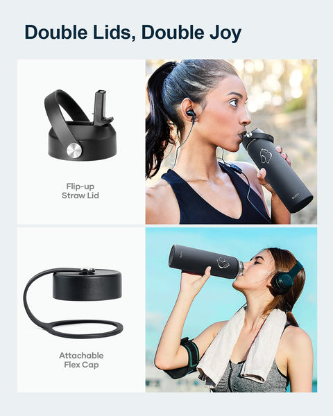 Stainless Steel Water Bottle 2L, BUZIO Vacuum Insulated Water Bottle with Straw Lid and Flex Cap Cold for 48 Hrs, Hot for 24 Hrs Double Wall Wide Mouth BPA Free Leak Proof, Black