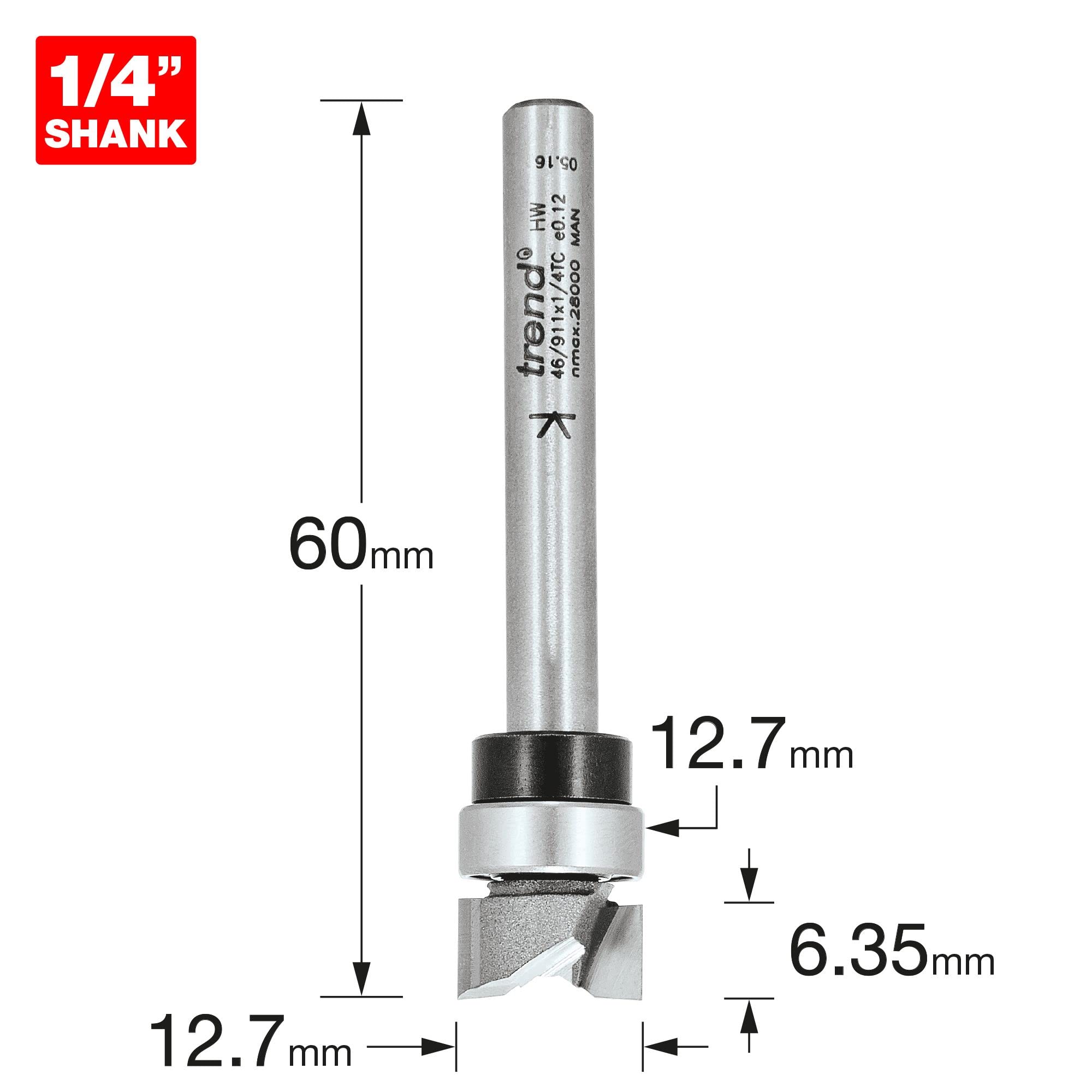 Trend Professional Guided Trimmer, 1/2 Inch Shank, 12.7mm Cut Diameter, 50mm Cut Length, Tungsten Carbide Tipped, 46/23X1/2TC