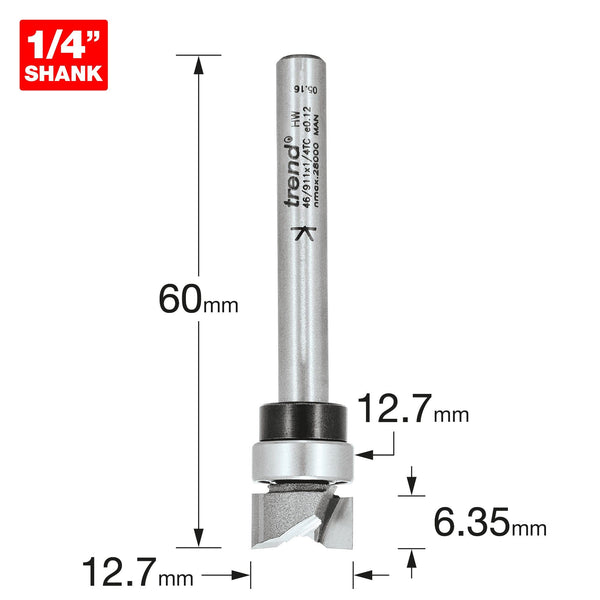 Trend Professional Guided Trimmer, 1/2 Inch Shank, 12.7mm Cut Diameter, 50mm Cut Length, Tungsten Carbide Tipped, 46/23X1/2TC