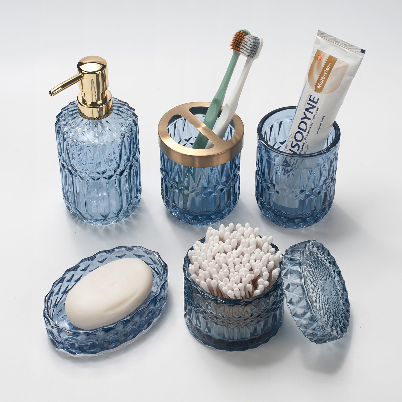 5PCS Blue Glass Bathroom Accessories Sets of Lotion Dispenser, Soap Dish, Toothbrush Holder, Tumbler, Cotton Swab Jars, Modern Bath Decor, Vintage