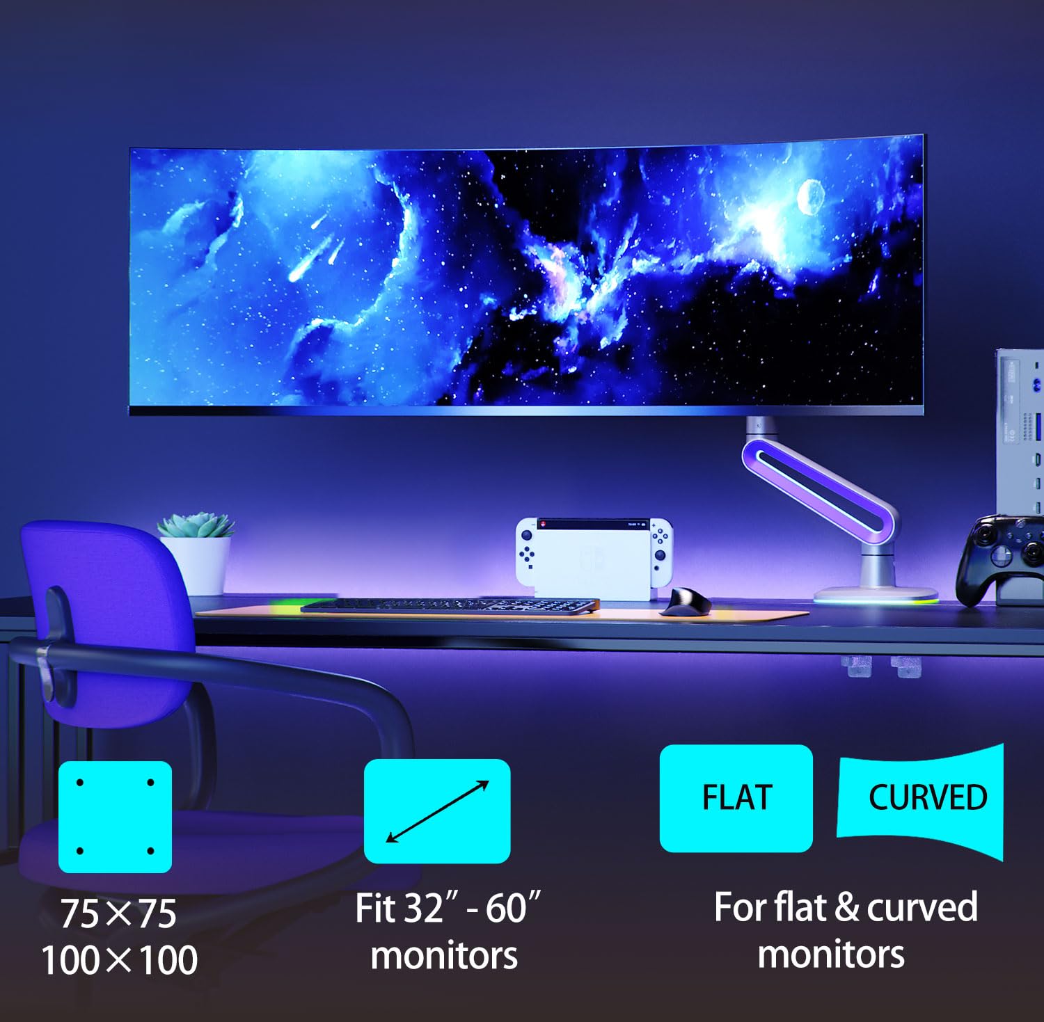 NB Ergonomic Monitor Stand for Screen 32 to 60 inch, RGB Ultrawide Curved Monitor Arm 49 57 inch - Load up to 20 kg, VESA 75 & 100 mm (Black)