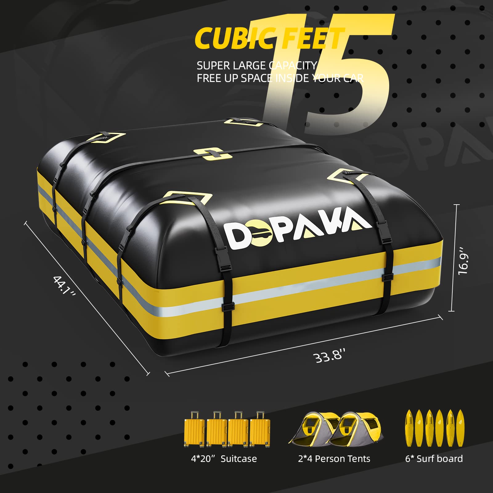 Rooftop Cargo Carrier Bag,100% Waterproof Heavy Duty 1000D Car Top Carrier,15 Cubic Feet Car Roof Bag for All Vehicle with/Without Rack,High-Frequency Welded Seams,Anti-Tear Anti-Slip Mat,6 Door Hooks