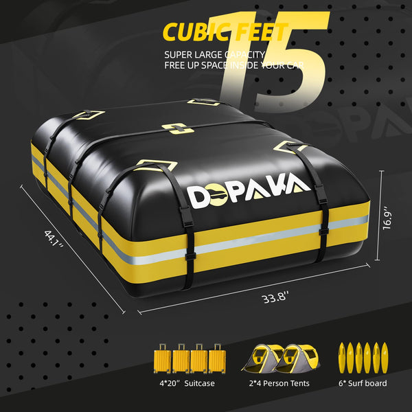 Rooftop Cargo Carrier Bag,100% Waterproof Heavy Duty 1000D Car Top Carrier,15 Cubic Feet Car Roof Bag for All Vehicle with/Without Rack,High-Frequency Welded Seams,Anti-Tear Anti-Slip Mat,6 Door Hooks