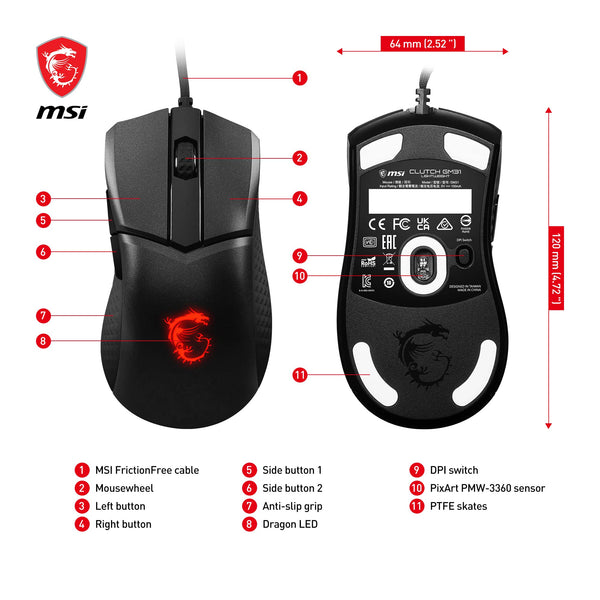 MSI CLUTCH GM51 LIGHTWEIGHT Gaming Mouse - 26000 DPI Optical Sensor, Elite 0.125ms Latency, 60M+ Click OMRON Switches, 6-Buttons, FriXionFree Cable, RGB Diamond LightGrips, 75g - Wired
