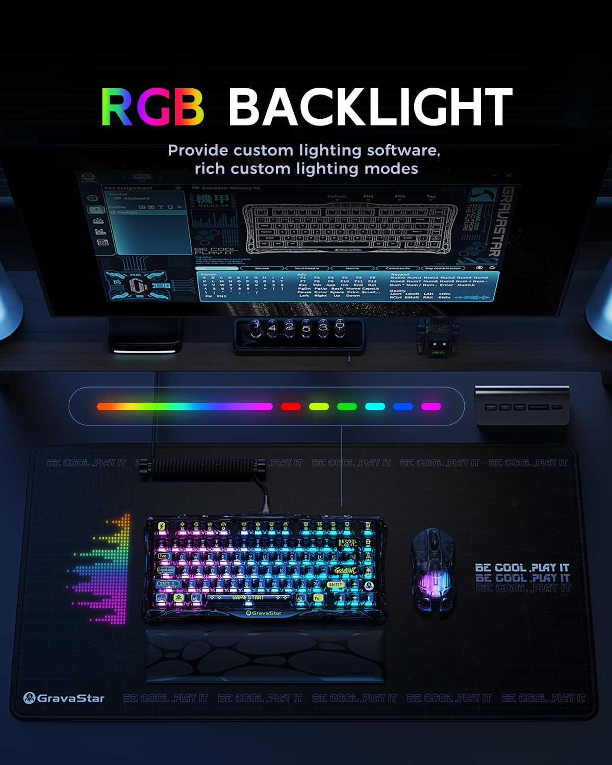 GravaStar Mercury K1 Lite 75% Gaming Keyboard, 2.4GHz/BT/Wired Tri-Mode Wireless Keyboard, Gasket Hot Swappable Mechanical Keyboard, Pre-lubed Linear Switches, RGB Backlit (Transparent Black)