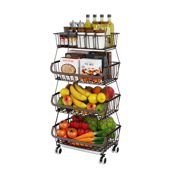 Fruit Vegetable Storage Basket for Kitchen - 4 tier Stackable Metal Wire Baskets Cart with Rolling Wheels Utility Fruits Rack Produce Snack Organizer