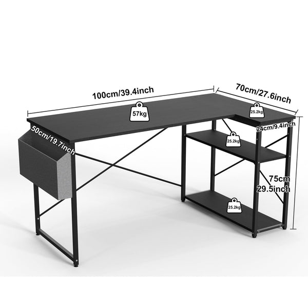 BEXEVUE L Shaped Gaming Desk, 100x70 cm Computer Desk with Storage Bag, Office Desk Small Writing Table with Large Reversible Storage Shelves, Workstation for Study Play Work Home Office, Black