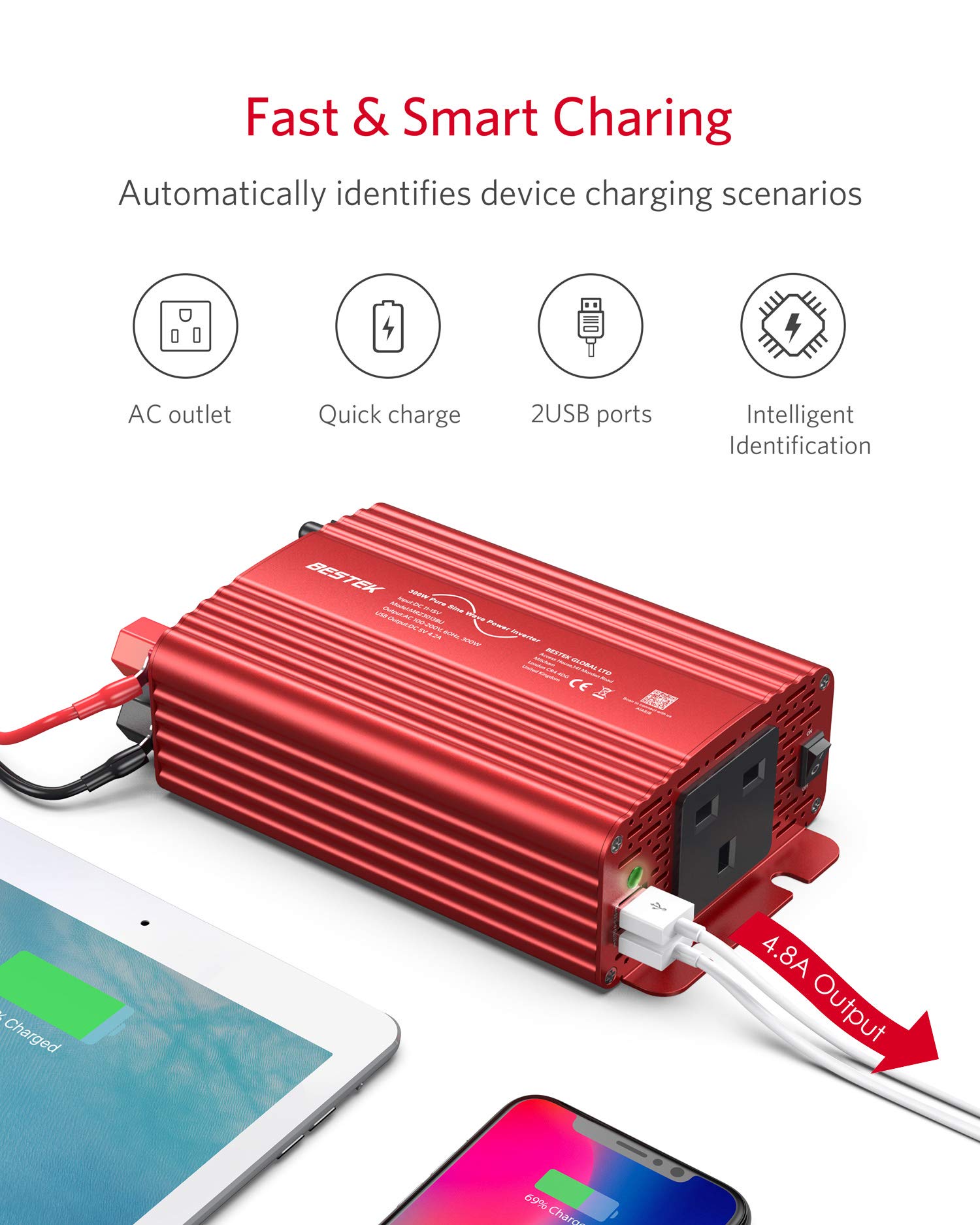 BESTEK 300W Pure Sine Wave Power Inverter 12V to 240V 230V with 4.8A Dual Smart USB Ports Car Adapter Charge Your Laptop iPad iPhone Tablet Consoles & More