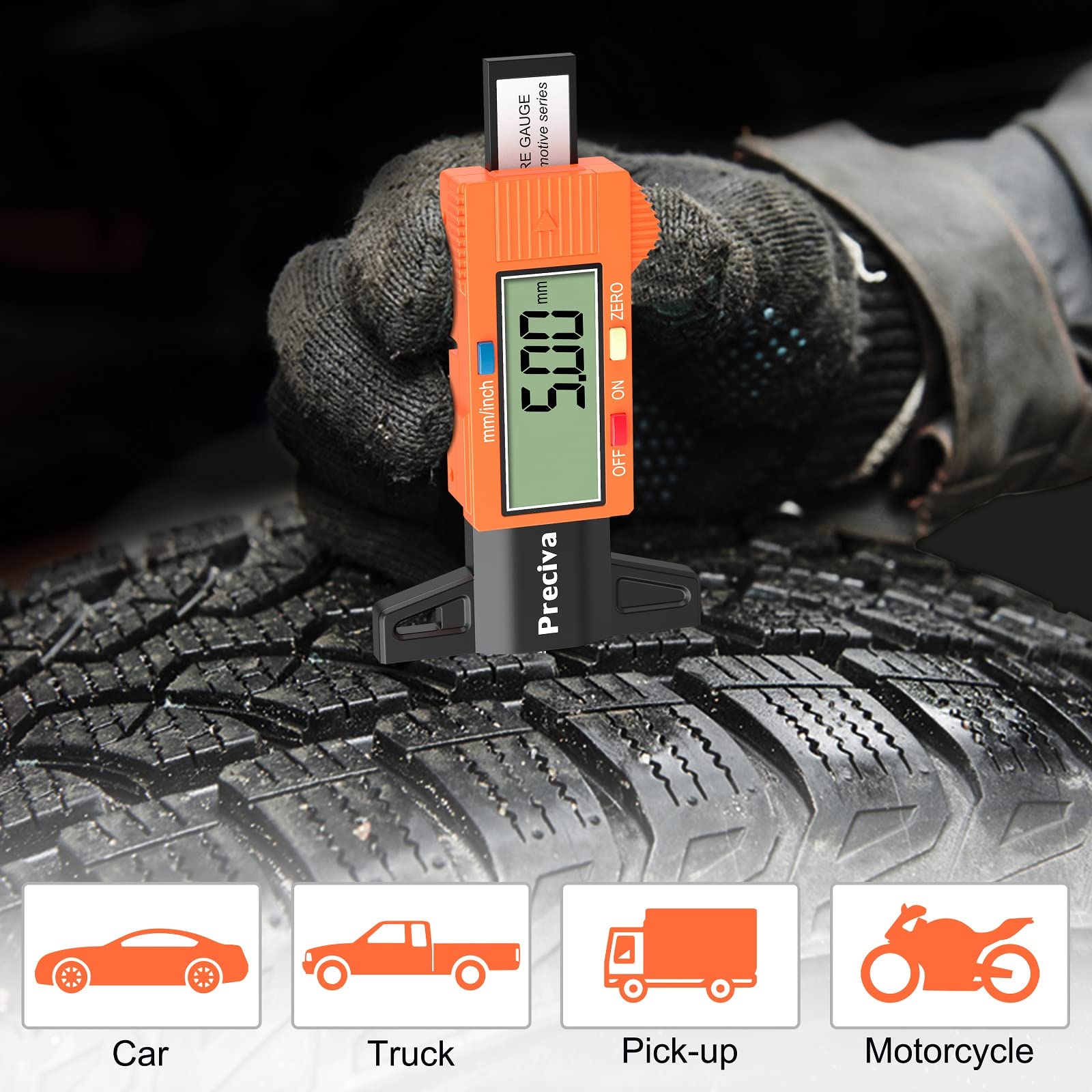 Tyre Tread Depth Gauge, Preciva Silver 0-25.4mm/Inch Digital Tire Checker UK, Tyres Depths Measuring Tool with Large LCD Screen for Cars, Trucks, Vans