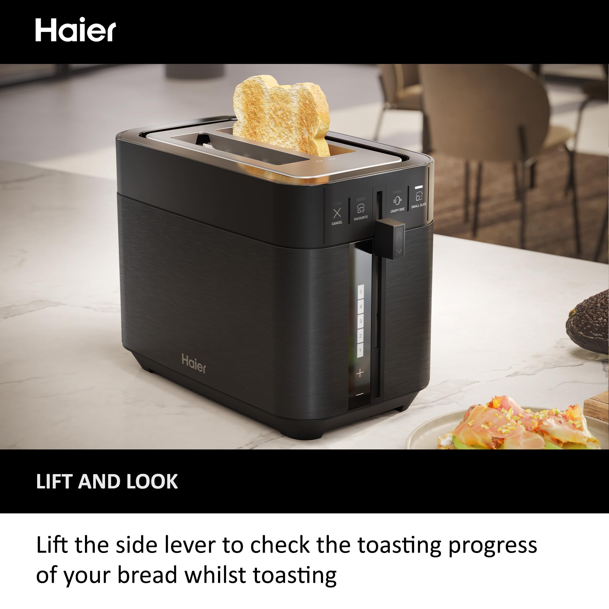 Haier Toaster, I-Master Series 5, 2 Slices with Extra Large Slots, 7 Toasting Levels, Stainless Steel, On App, Black [HTO5A3]