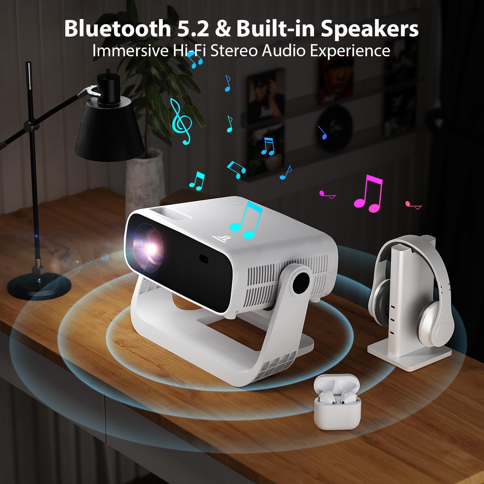 Wielio 2025 New Smart Projector Built-in Apps, Android 11, Native 1080P 4K Supported WiFi 6 Bluetooth 5.2, 28000 Lumens, Low Fan Noise (<30dB), Home Cinema Projector for iOS/Android/PS5