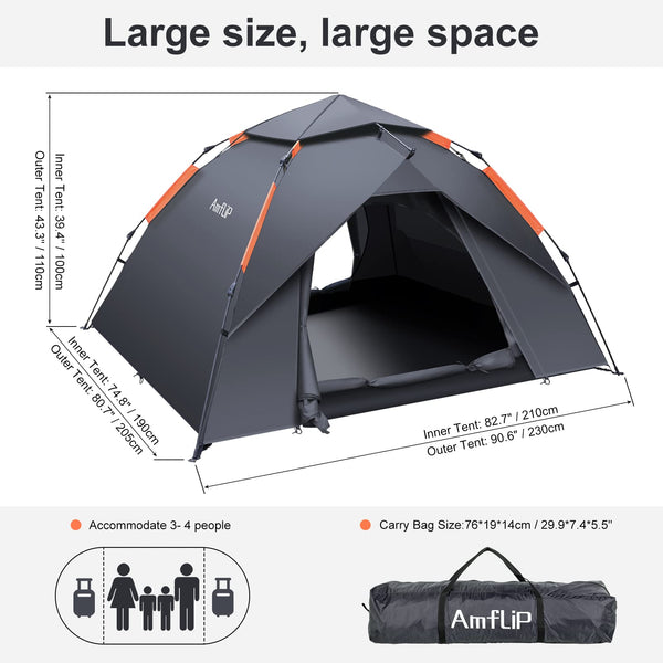 Amflip Camping Tent Automatic 3 Man Person Instant Tent Pop Up Ultralight Dome Tent 4 Seasons Waterproof & Windproof Camping Tent with Removable Outer Tarpaulin, Double Layers