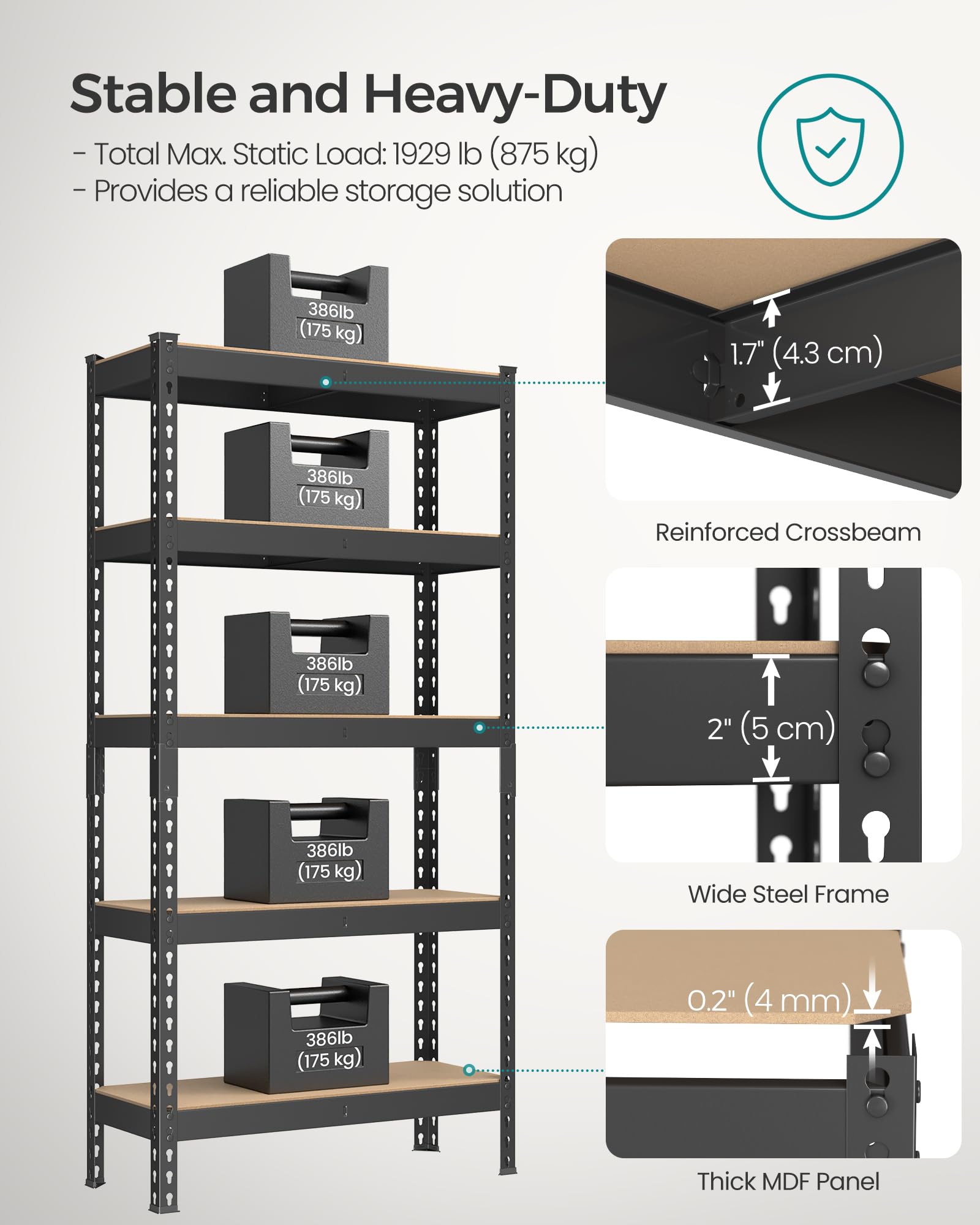 SONGMICS 5-Tier Shelving Unit, Storage Shelves, for Garage, Boltless Assembly, Adjustable Shelves, 30 x 75 x 150 cm, Load 875 kg, for Shed Warehouse Basement Kitchen, Black GLR300B01