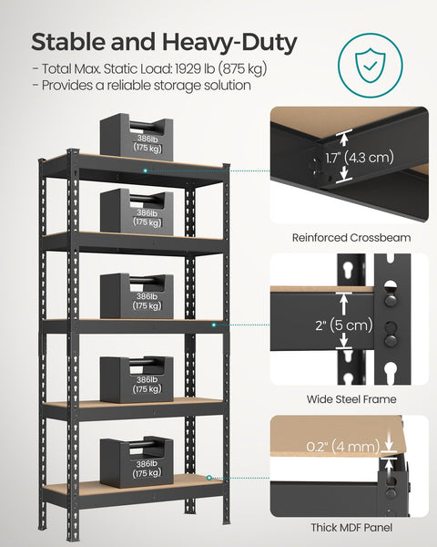 SONGMICS 5-Tier Shelving Unit, Storage Shelves, for Garage, Boltless Assembly, Adjustable Shelves, 30 x 75 x 150 cm, Load 875 kg, for Shed Warehouse Basement Kitchen, Black GLR300B01
