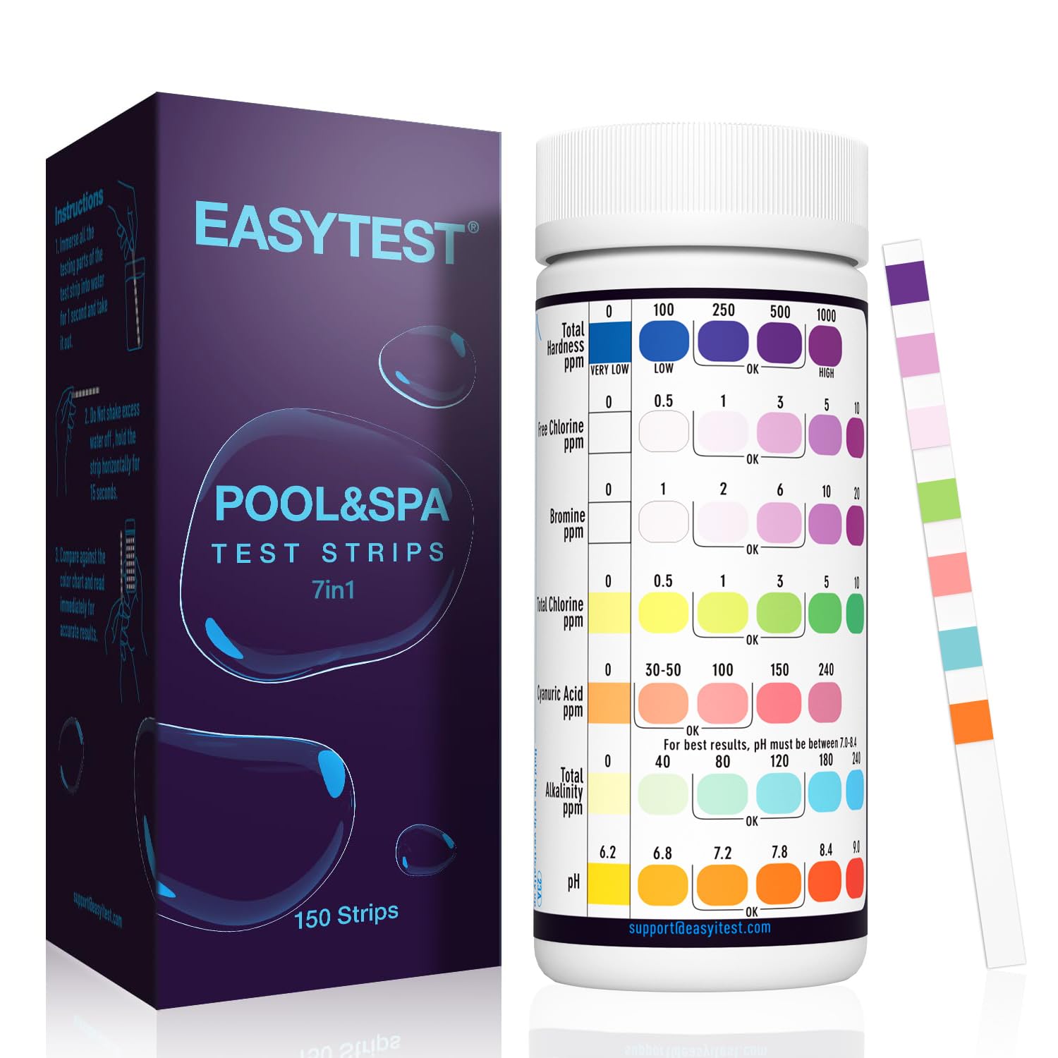 EASYTEST Hot Tub Test Strips, 150 Strips Pool and Spa Test for pH,Total Alkalinity,Free Chlorine and Bromine, Accurate 3 in 1 Pool Water Testing Kit