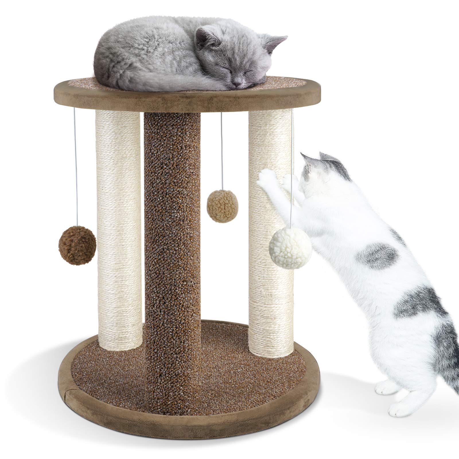 Aibuddy Cat Scratching Post, Scratching Tower with 3 Scratcher Posts?Carpeted Base Play Area and Perch (Cat Interactive Toys, Dangling Ball,East to