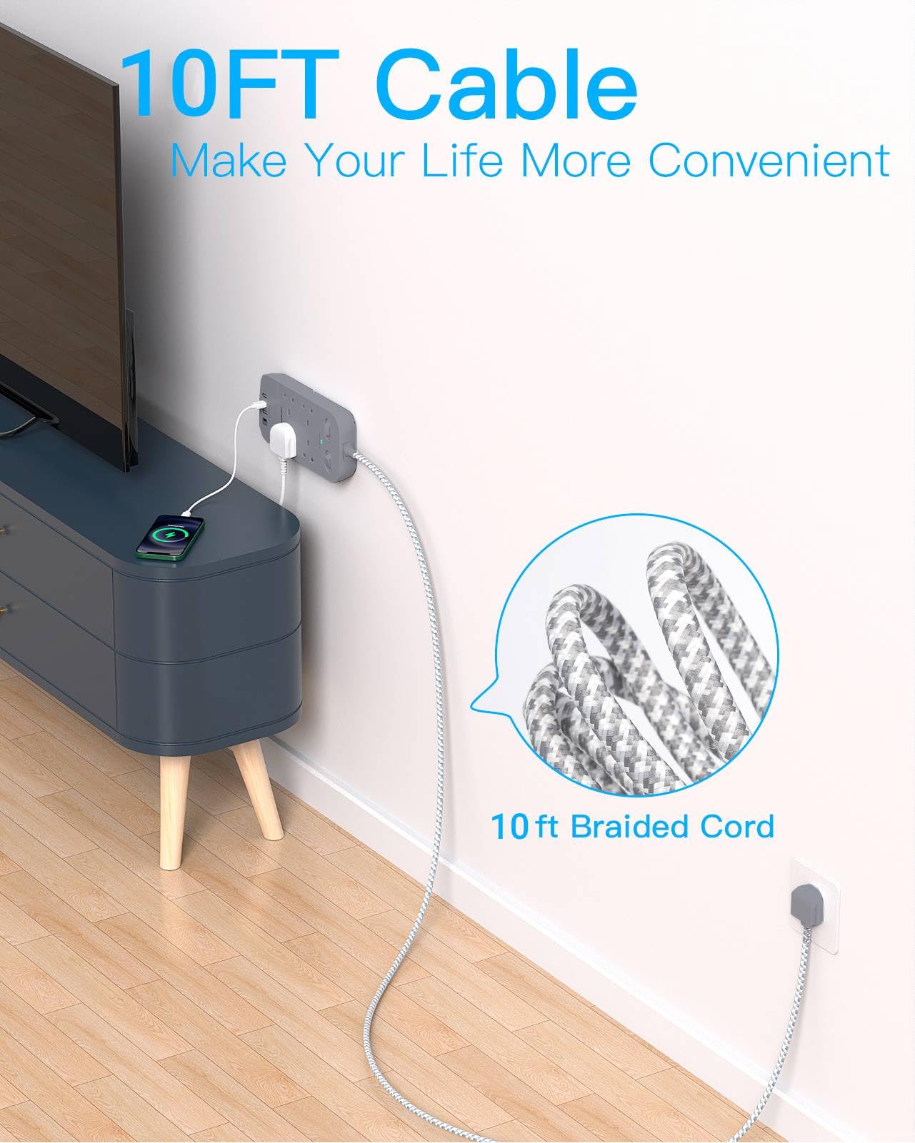 4 Way Surge Protected Extension Lead with USB Slots, HANYCONY Extension Cable with Double Switches, Plug Extension Socket 1.8M Braided Extension Cord for Home Office Accessories, Gray