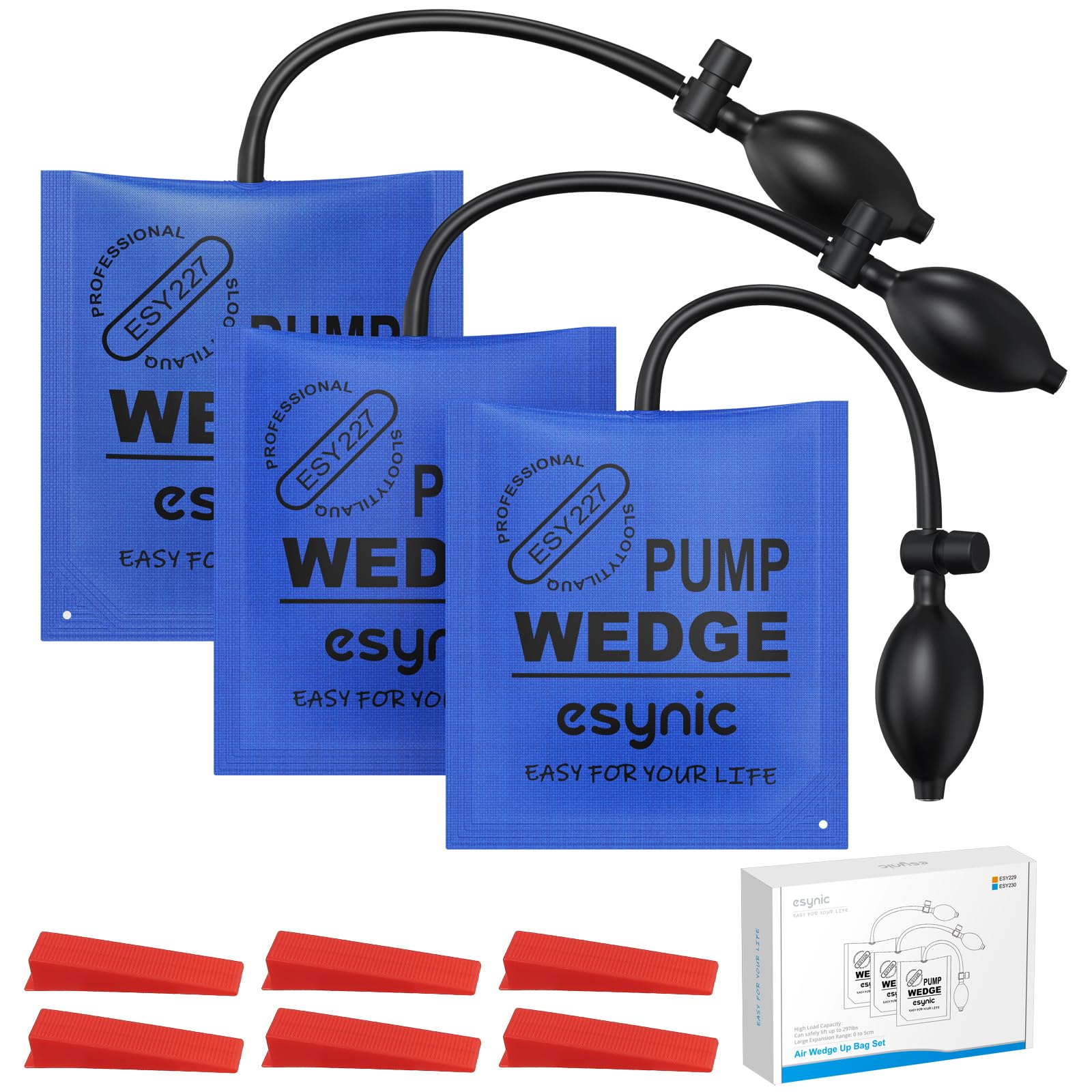eSynic 3Pack Air Wedge Pump up Bag Inflatable Wedge Winbags Smooth TPU Air Bags for Lifting Door Air Wedge Door Lifter Pump Load-Bearing 297 Pounds/134KG with 4 Plastic Wedges-Blue