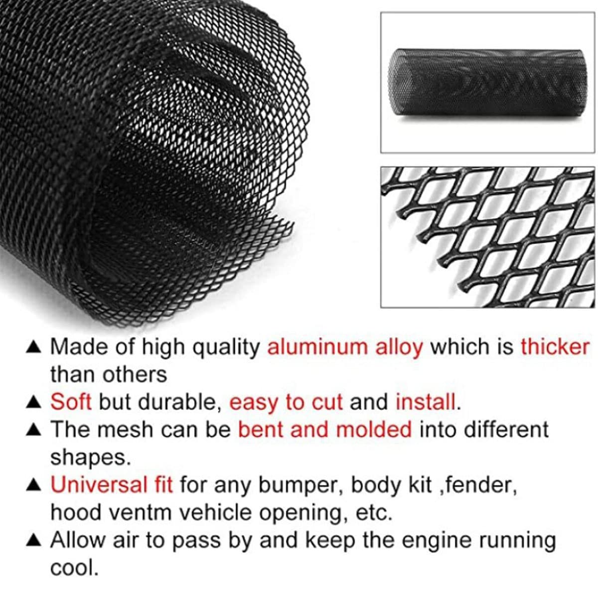 Car Mesh Grille, 100 * 30cm Universal Aluminium Alloy Car Racing Grill Net Vent Tuning Durable Honeycomb Grille Mesh for Bumper, Hood Vents, Fenders (3 * 6MM)