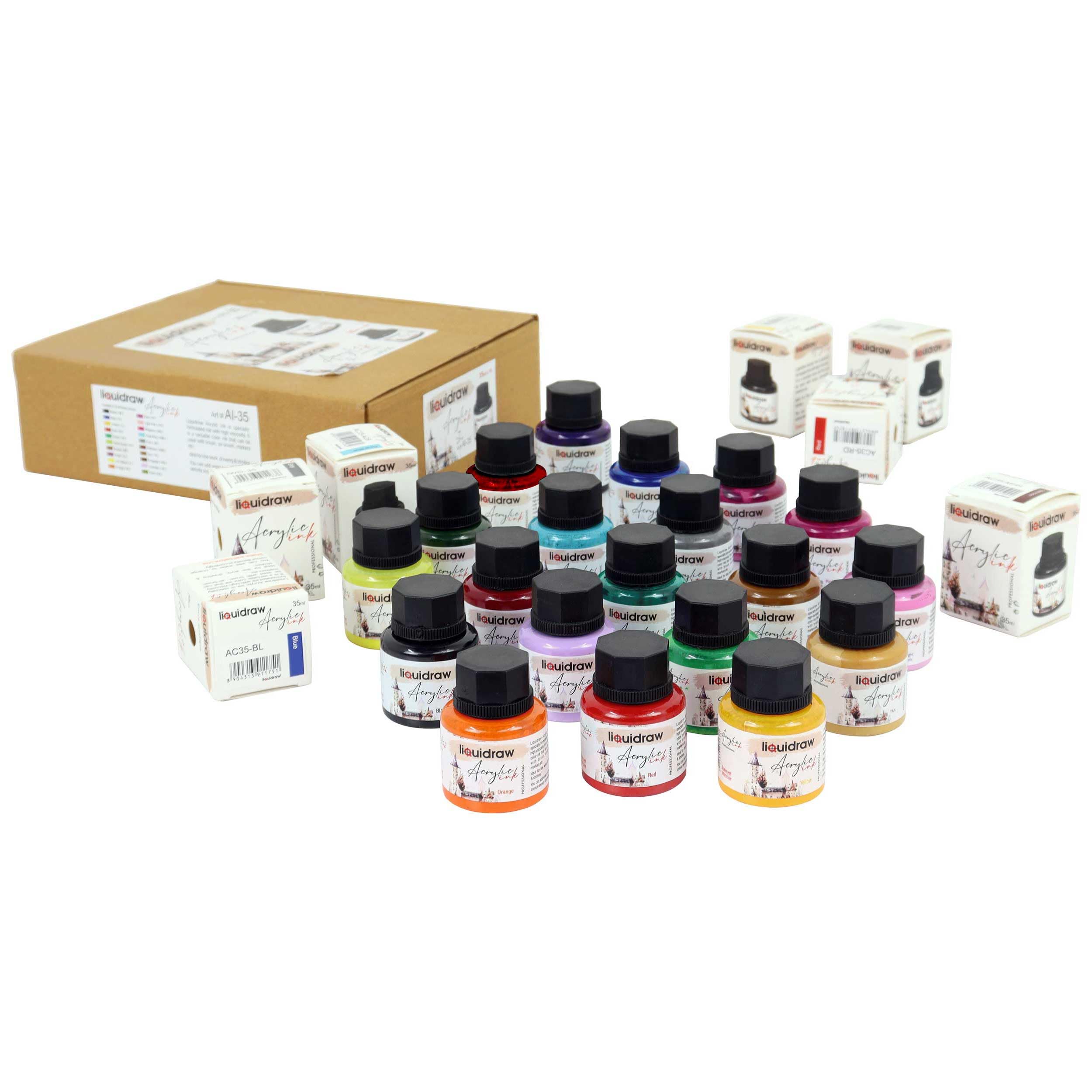 Liquidraw Acrylic Inks for Artists Set of 20 Waterproof Ink Set 35ml Professional for Painting, Drawing, Paints, Art, Brushes, Paper, Board, Canvas,