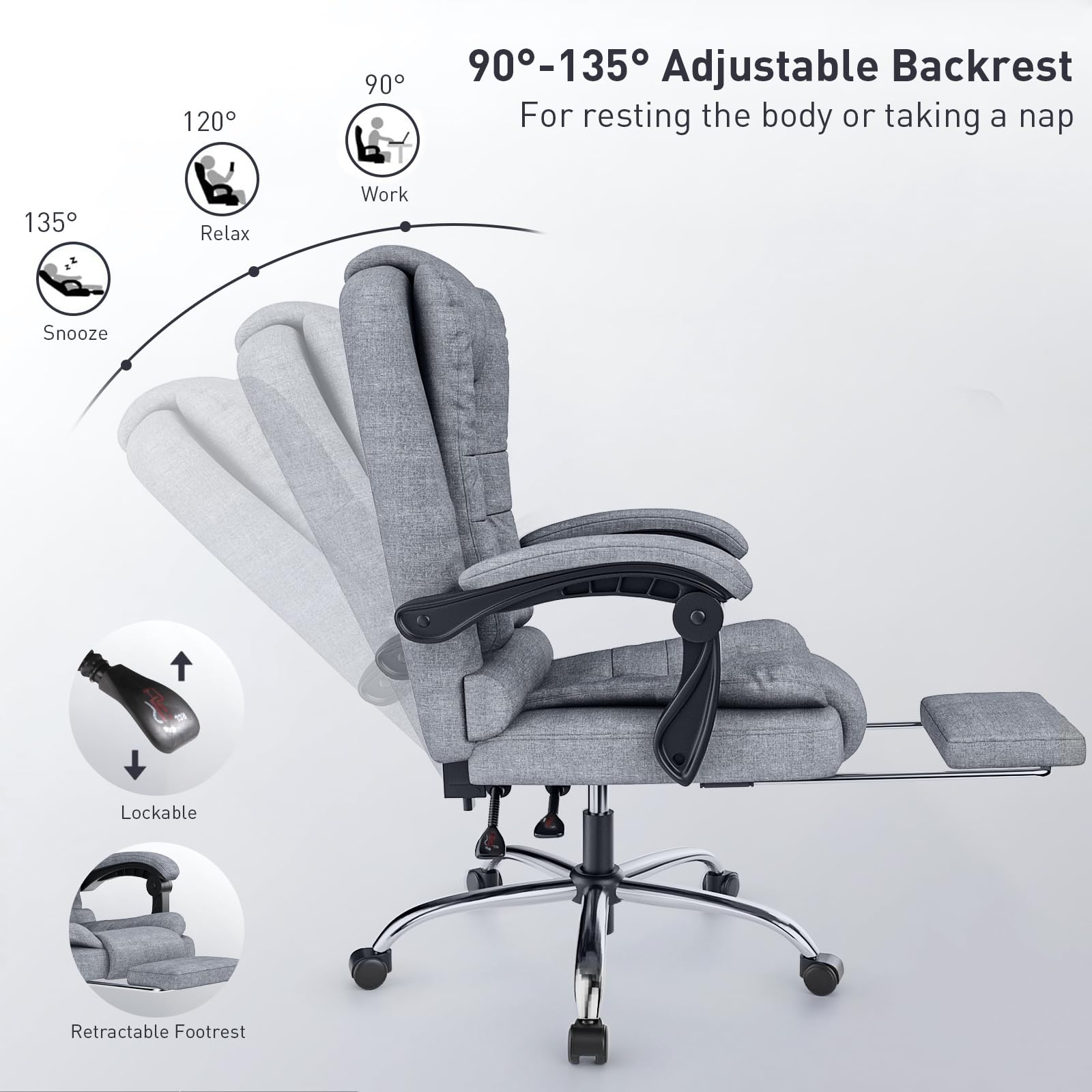 naspaluro Executive Office Chair High Back Desk Chair Ergonomic Recliner Computer Chair Gaming Chair with Tilt Function Heavy Duty for Home Office Working (Grey Fabric)
