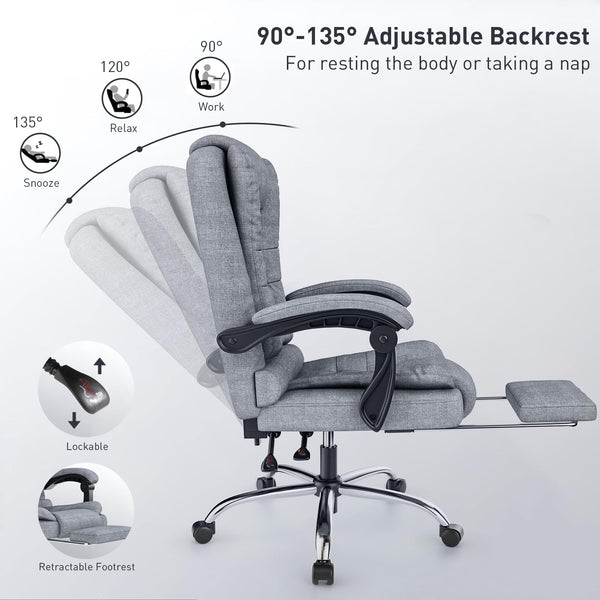 naspaluro Executive Office Chair High Back Desk Chair Ergonomic Recliner Computer Chair Gaming Chair with Tilt Function Heavy Duty for Home Office Working (Grey Fabric)