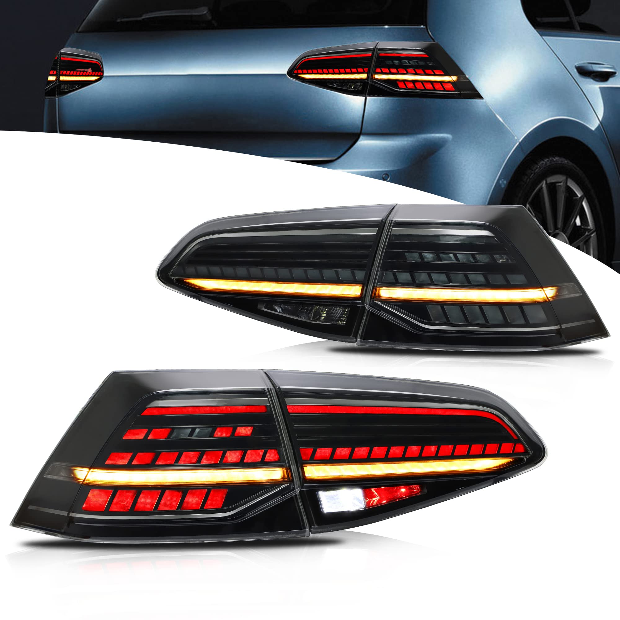 VLAND LED Rear Lights compatible with Golf MK7 Golf MK7.5 Hatchback 2012-2020 [Not fit MK7.5 GTI & R], w/Sequential indicator, Driver & Passenger Side - Red