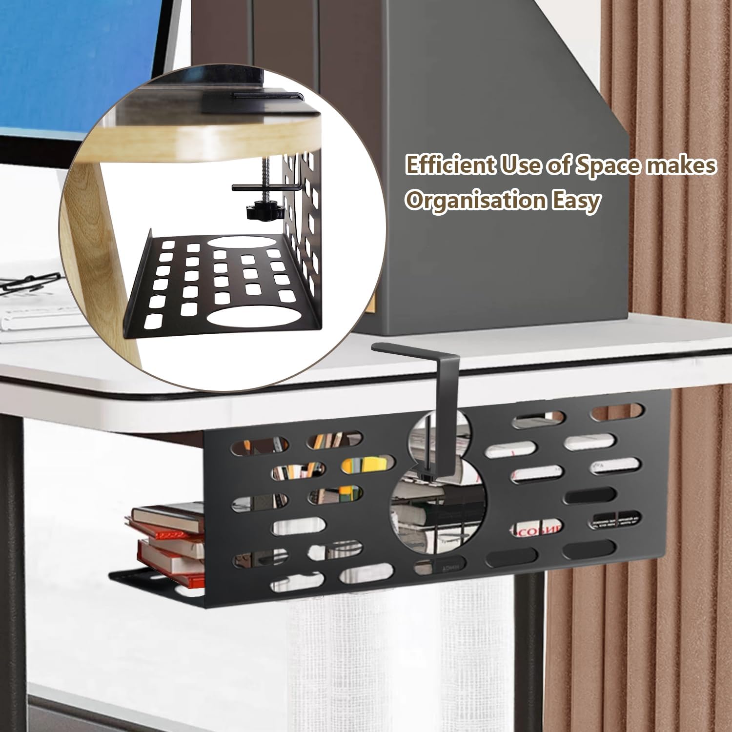 Viakty Under Desk Cable Management Organiser, 1 Pack, 35 x 13.4 x 12 cm, No Drill, Black