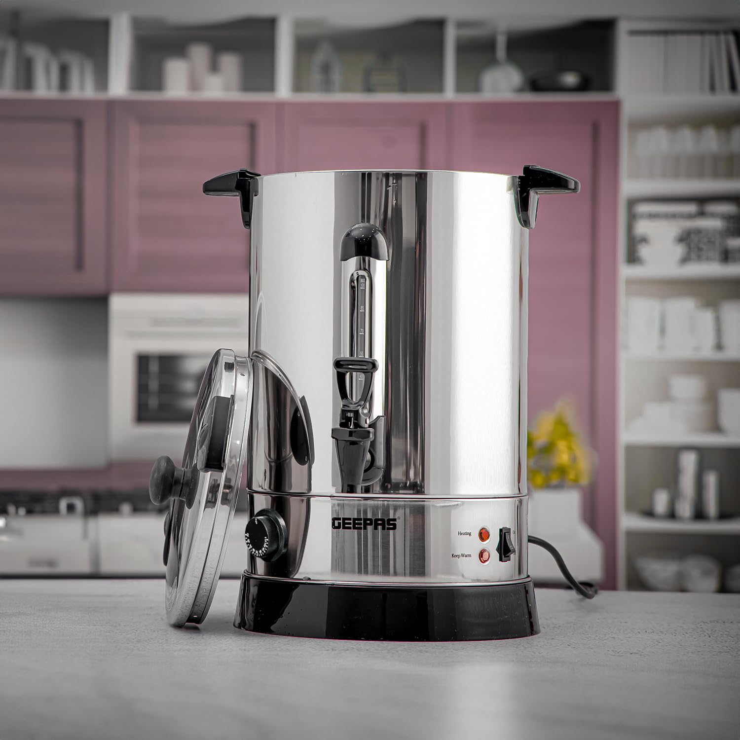 Geepas Electric Catering Urn, 1650W Instant Hot Water Boiler Dispenser - Tea Urn Kettle Home Brewing Commercial Office Use with Keep Warm - Easy Pour Tap, 15 Litre, Stainless Steel – 2 Year Warranty