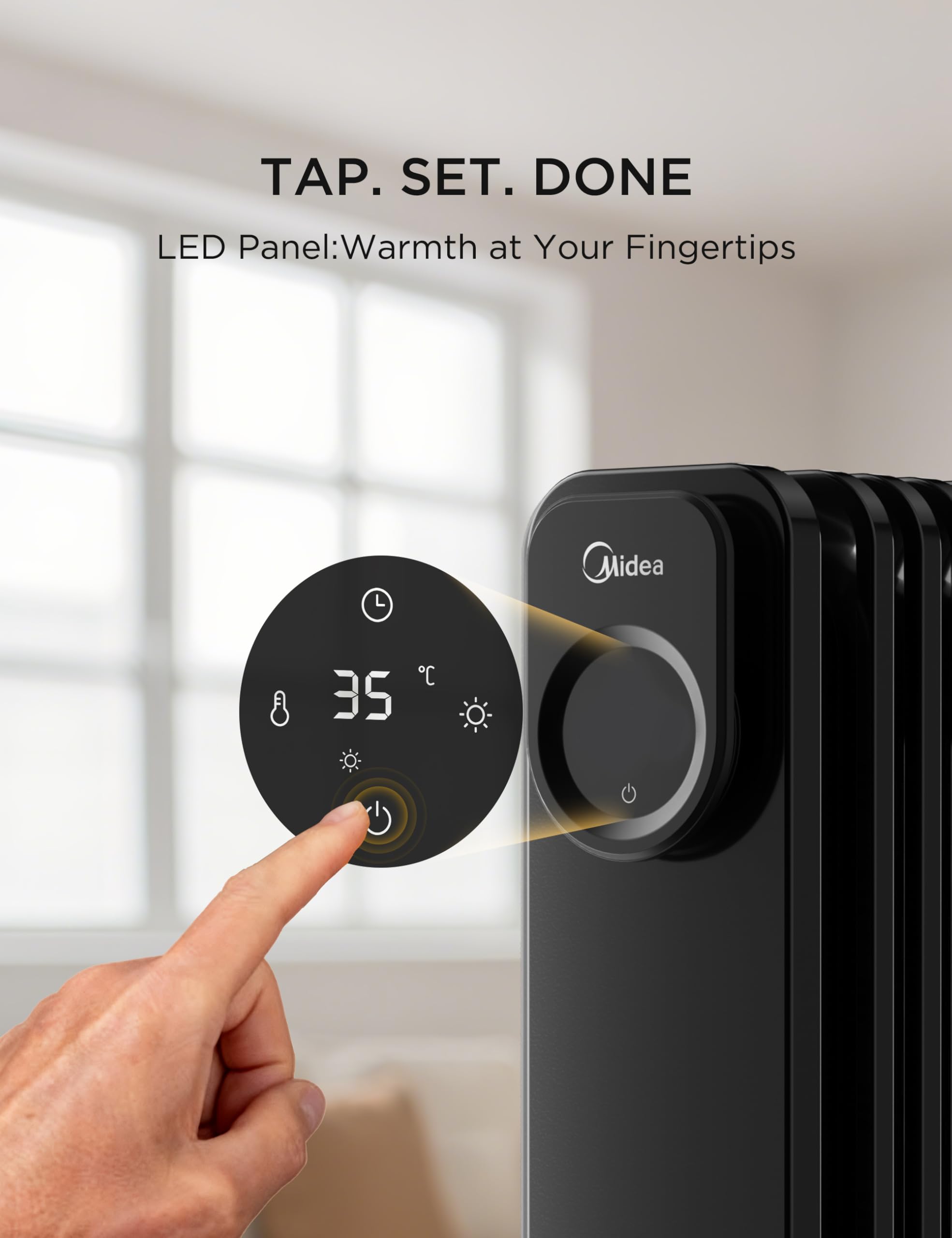 Midea Oil Filled Radiator, 2300W, 11-Fin Portable Electric Heater with Knob Controls, Adjustable Thermostat, 3 Heat Settings, Tip-Over & Overheat Protection, UltraQuiet Operation for Office & Home Use