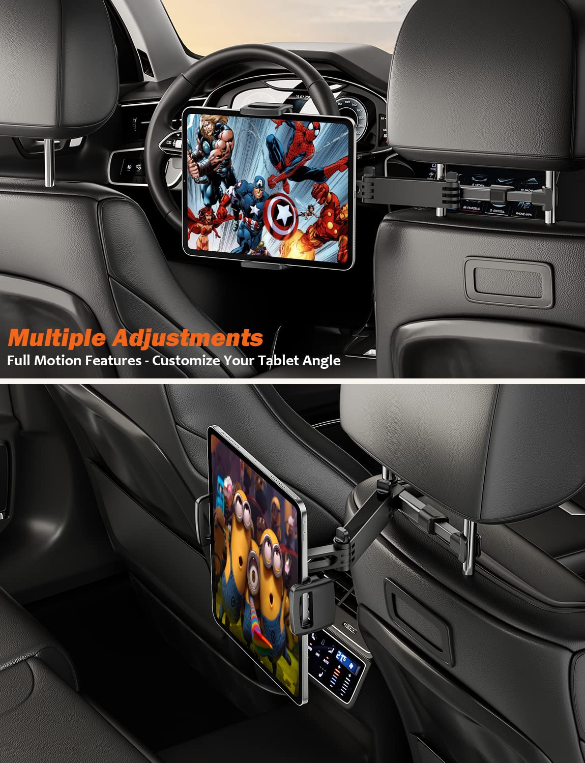 TRYONE Car Headrest Tablet Holder Mount Stretchable Backseat Tablets Stand for Kids, Car Seat Mounts Compatible with iPad Pro 12.9 Air Mini, iPhone, Galaxy Tab, Switch, All 4.7-12.9" Screen Devices
