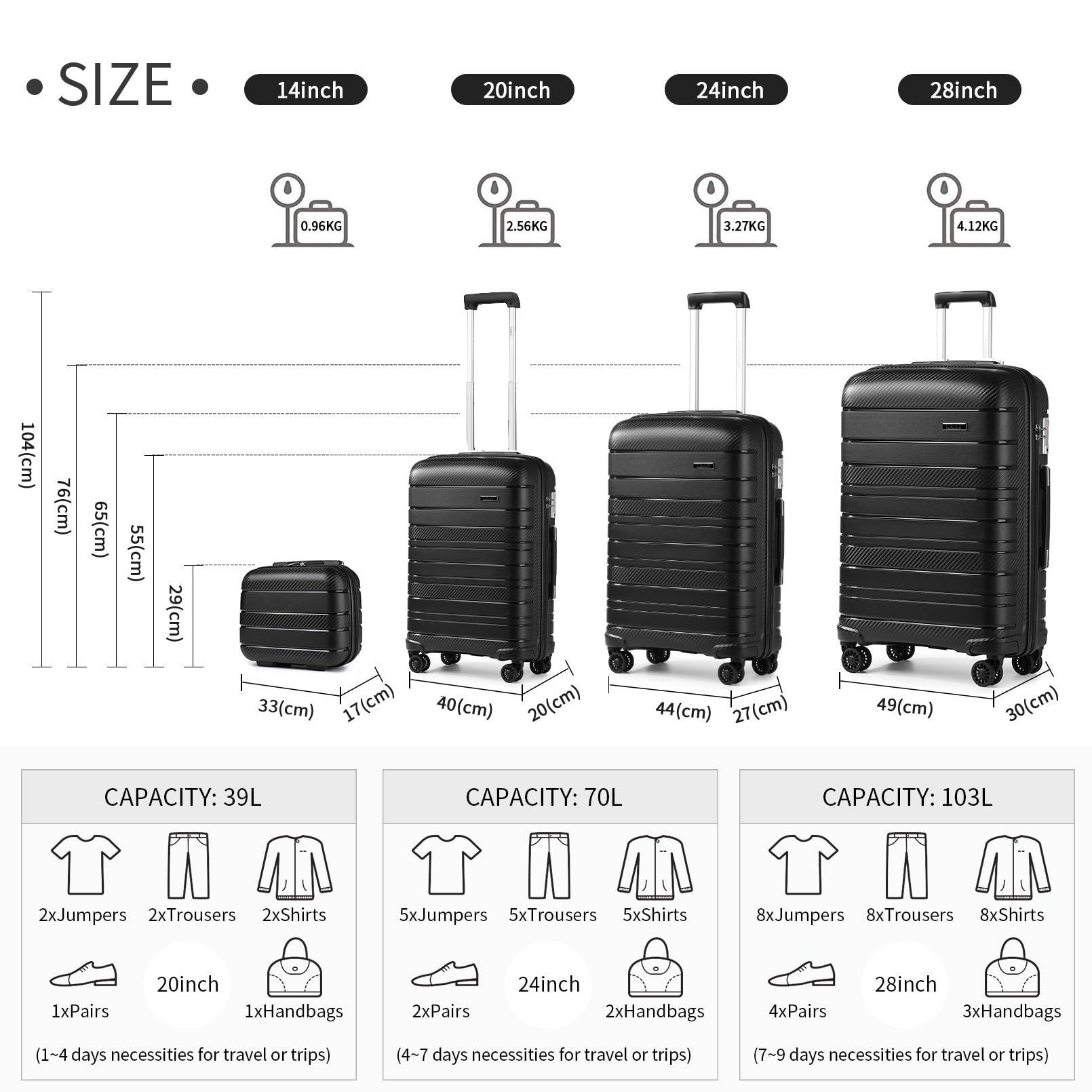 Kono Lightweight Suitcase Hand Luggage Polypropylene Hard Shell Travel Trolley