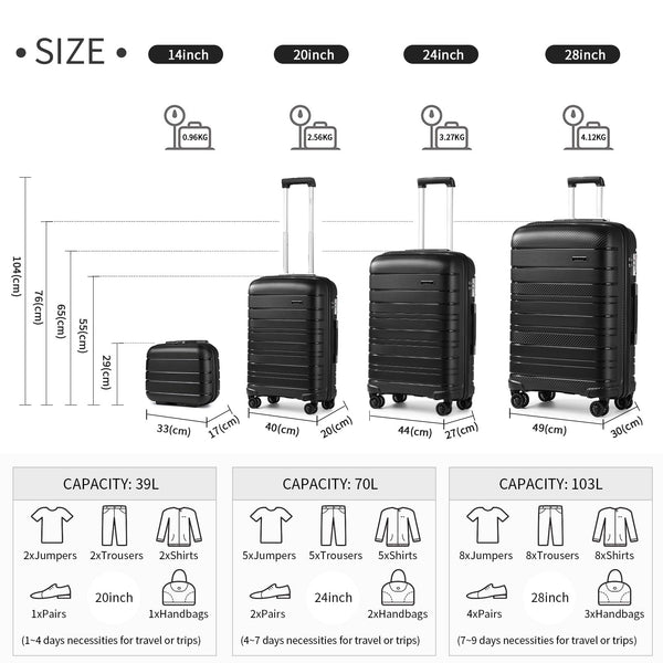 Kono Lightweight Suitcase Hand Luggage Polypropylene Hard Shell Travel Trolley