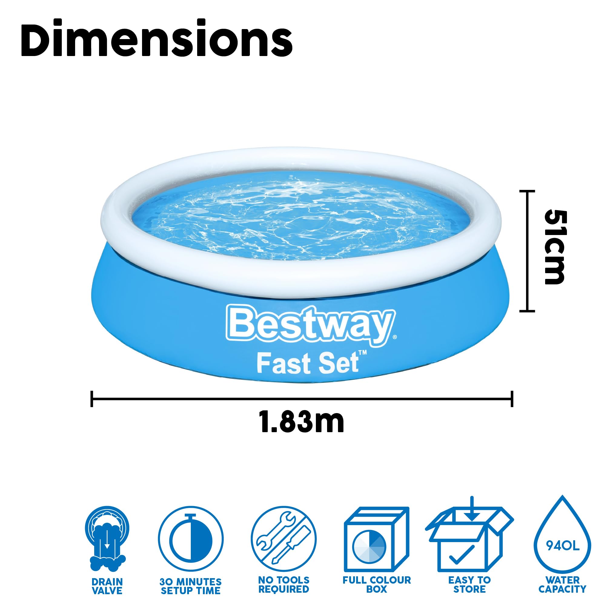 Bestway 6ft x 20in Blue Round Fast Set Inflatable Above Ground Pool