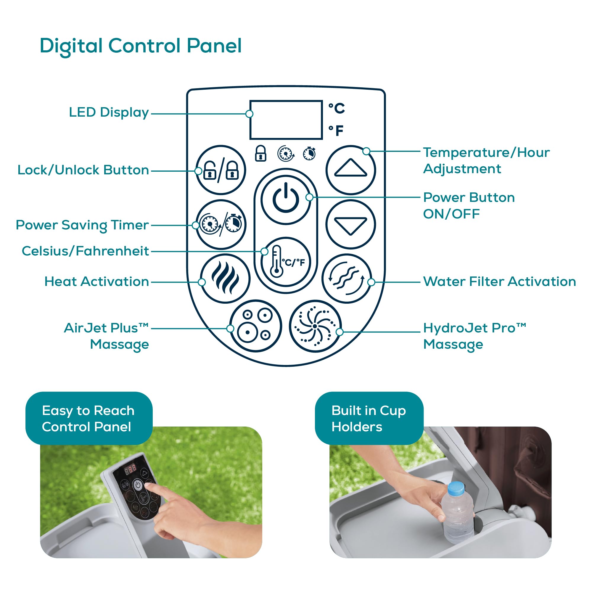 Lay-Z-Spa Santorini Pro Built in LED Light, 10 HydroJet System, Integrated Seats and Foot Massager Inflatable Hot Tub with Freeze Shield Technology, 5-7 Person, Grey