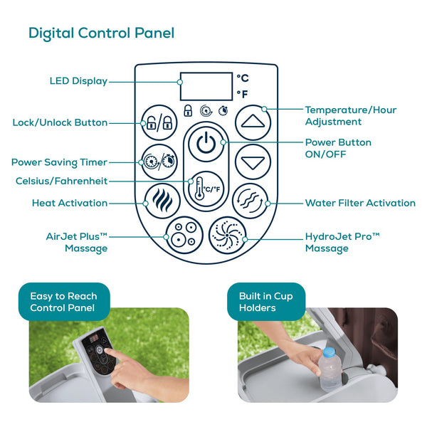 Lay-Z-Spa Santorini Pro Built in LED Light, 10 HydroJet System, Integrated Seats and Foot Massager Inflatable Hot Tub with Freeze Shield Technology, 5-7 Person, Grey