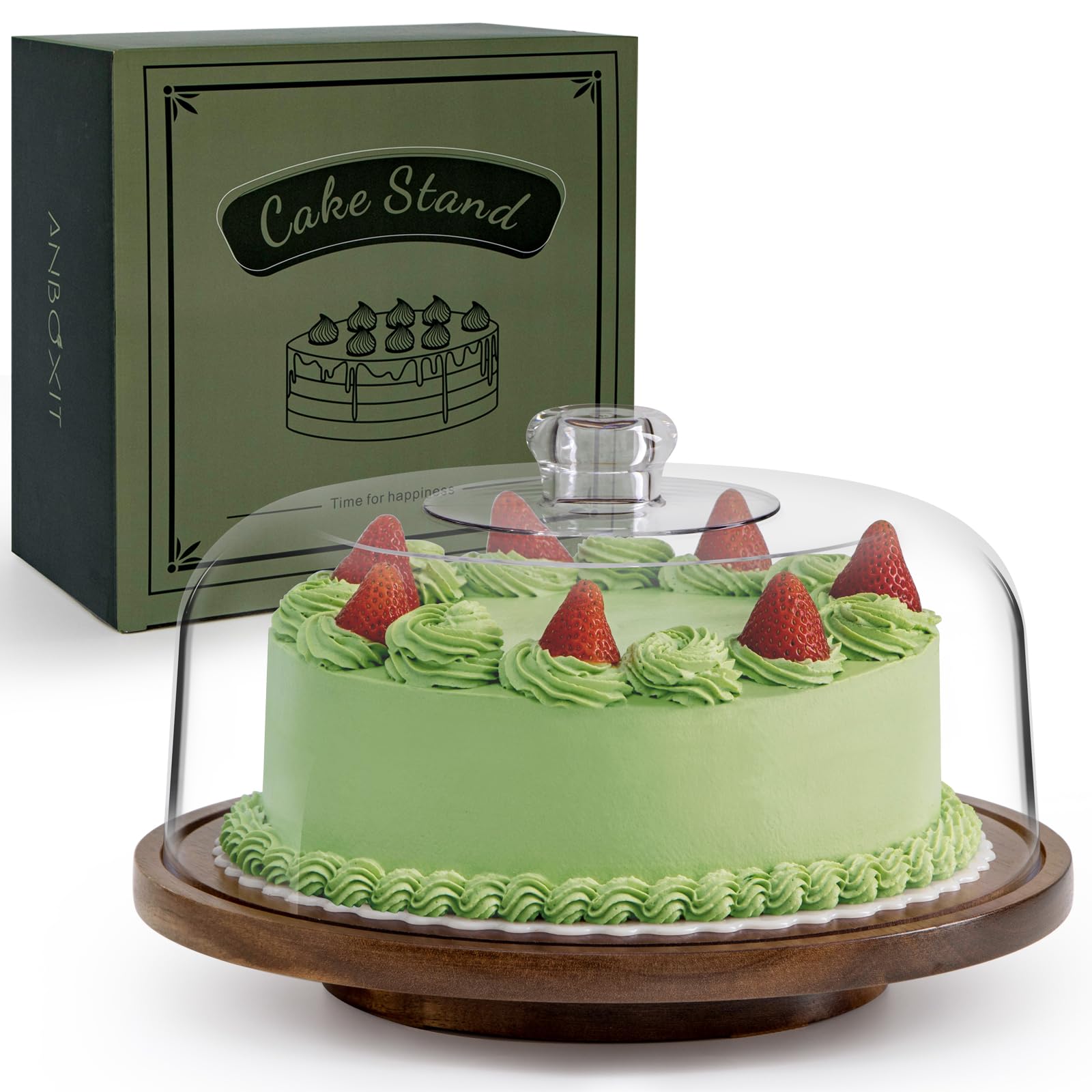 ANBOXIT Cake Stand with Dome Lid, Acacia Wood Rotating Cake Plate with Cover, Wooden Cake Display Stand with Acrylic Dome ( Rotatable )