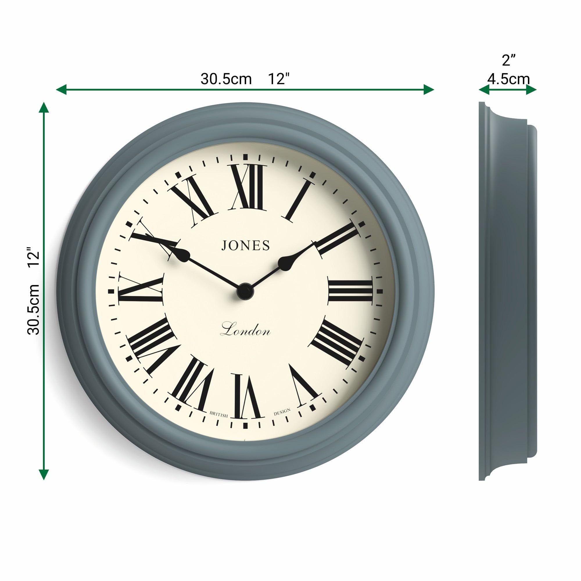 Jones Clocks Venetian wall clock | Classic round clock | 30cm | Blue | Roman numerals | Traditional design ideal for kitchen, living room or bedroom