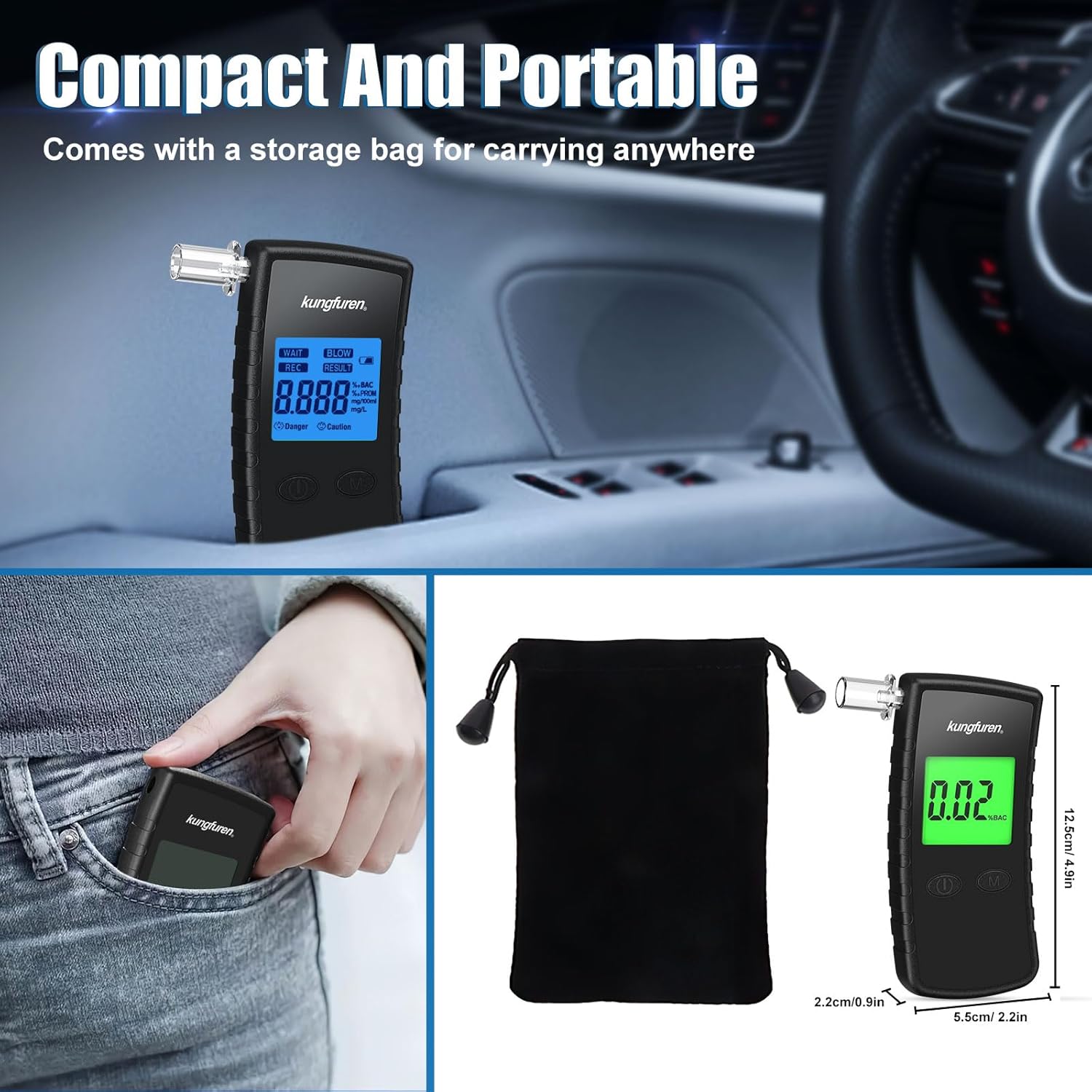 kungfuren Alcohol Breathalyzer Tester Digital Breathalyser - Breath Testers with 11Pcs Mouthpieces for Home Personal Testing - High Accuracy Breathalysers with Digital LCD Screen